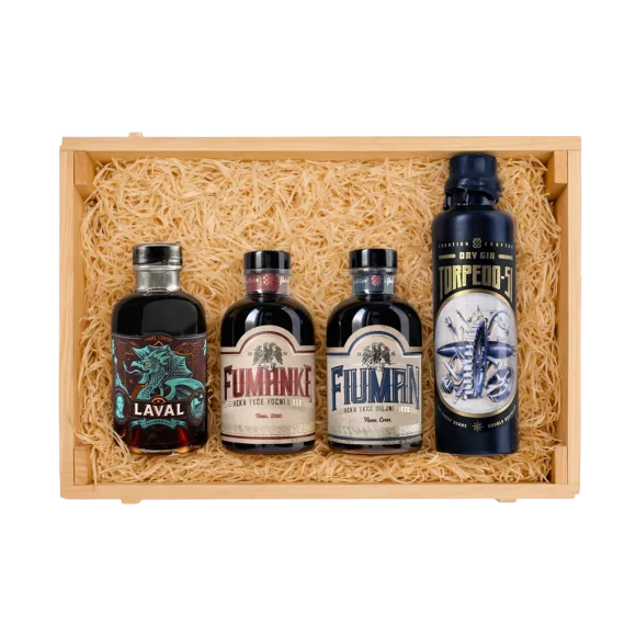 Suza Flavours of Kvarner Gift Set – Laval, Fiumanka, Fiuman and Torpedo-51 Gin in a Wooden Box