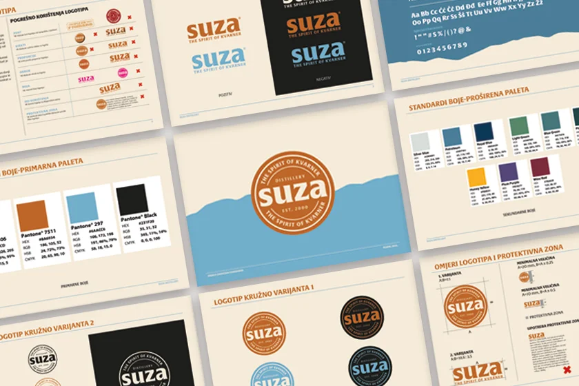 **Title:** Suza rebranding i novi vizualni identitet povodom 25 godina brenda Brand guidelines i vizualni identitet Suza brenda prikazuju novi logo, tipografiju, paletu boja i sustav etiketa povodom 25 godina rebrandinga destilerije Suza T.B.