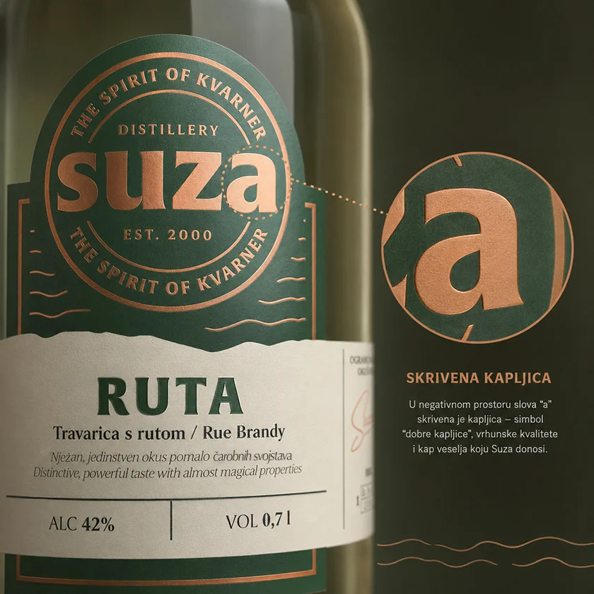 Skrivena kapljica u Suza logotipu Detalj Suza logotipa na etiketi Ruta s prikazom skrivene kapljice u slovu a